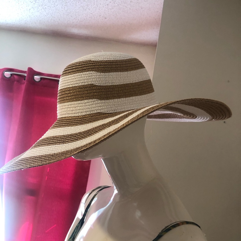 Tan and White Striped Wide-Brimmed Hat